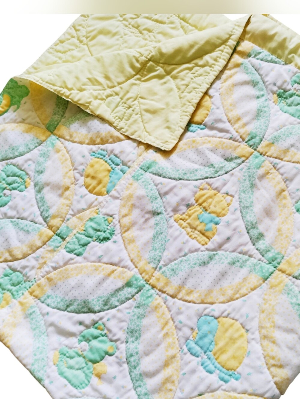 1970s Baby Quilt Embroidered Reversible Animal Print Yellow White Wamsutta